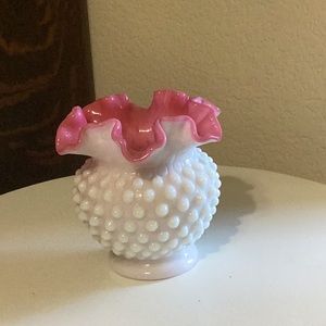 VTG Fenton cranberry, and white hobnail bowl crimped edges